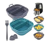 Moldes silicona air fryer - recipiente air fryer - accesorios airfryer Antiadherente y Reutilizable Para freidoras 5,5L a 8L - Fácil Limpieza - Set 2 cesta (Gris y Azul) + brocha + agarraderas