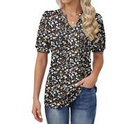 MOLERANI Camisa Plisada de Manga Corta con Cuello en V para Mujer Casual Comfort Loose T-Shirt Top Flores Marrones Verdes S
