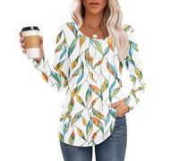 MOLERANI Camisetas para Mujer Cuello Redondo Suelto Casual señoras de Manga Larga Tops Frente Plisado T Shirt Hoja de Tinte Azul Amarillo XL