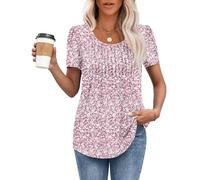 MOLERANI Camisetas para Mujer Tops de Manga Corta Camiseta Suave con Cuello Redondo Tops de Verano Casual Sueltos Florecillas Rosas L