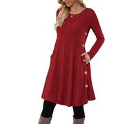 MOLERANI Pulloverkleid für Damen Langarmkleid Damen Knopf Lässiges Tunikakleid mit Taschen (Rojo Vivo,XXL)