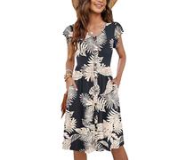 MOLERANI Ropa De Verano Femenina Manga Lateral De Volantes Cuello V Balanceo Casual Cintura Elástica Bolsillo Vestido De Midi Hoja más Gruesa M