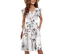 MOLERANI Ropa De Verano Femenina Manga Lateral De Volantes Cuello V Balanceo Casual Cintura Elástica Bolsillo Vestido De Midi Flores Blancas 2XL