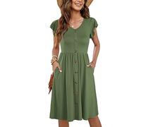 MOLERANI Ropa De Verano Femenina Manga Lateral De Volantes Cuello V Balanceo Casual Cintura Elástica Bolsillo Vestido De Midi Verde del Ejército L