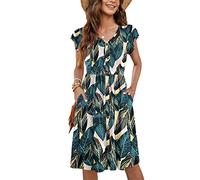 MOLERANI Ropa De Verano Femenina Manga Lateral De Volantes Cuello V Balanceo Casual Cintura Elástica Bolsillo Vestido De Midi Estampado De Hojas XL