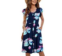 MOLERANI Ropa De Verano Femenina Manga Lateral De Volantes Cuello V Balanceo Casual Cintura Elástica Bolsillo Vestido De Midi Flores En Polvo Azul Marino L