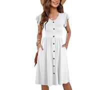 MOLERANI Ropa De Verano Femenina Manga Lateral De Volantes Cuello V Balanceo Casual Cintura Elástica Bolsillo Vestido De Midi Blanco XL