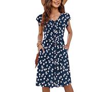 MOLERANI Ropa De Verano Femenina Manga Lateral De Volantes Cuello V Balanceo Casual Cintura Elástica Bolsillo Vestido De Midi Flores Azul Marino 2XL