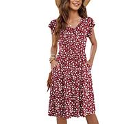 MOLERANI Ropa De Verano Femenina Manga Lateral De Volantes Cuello V Balanceo Casual Cintura Elástica Bolsillo Vestido De Midi Flores Rojas 2XL