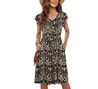 MOLERANI Ropa De Verano Femenina Manga Lateral De Volantes Cuello V Balanceo Casual Cintura Elástica Bolsillo Vestido De Midi Paisley Flower Black M