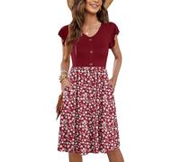 MOLERANI Señoras Vestido de Verano Mangas de Volantes Vestido Casual Elegante Cuello en V Vestido Midi Casual Stand up Vestido de Las Señoras hasta la Rodilla con Bolsillos Rojo Floral S