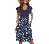 MOLERANI Señoras Vestido de Verano Mangas de Volantes Vestido Casual Elegante Cuello en V Vestido Midi Casual Stand up Vestido de Las Señoras hasta la Rodilla con Bolsillos Azul Marino Floral M
