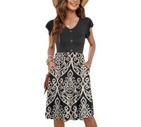 MOLERANI Señoras Vestido de Verano Mangas de Volantes Vestido Casual Elegante Cuello en V Vestido Midi Casual Stand up Vestido de Las Señoras hasta la Rodilla con Bolsillos Caqui XL