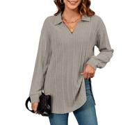 MOLERANI suéter de Las señoras de Manga Larga de Gran tamaño suéter de Cuello en V de Manga Larga Camisa de Punto con Abertura Lateral suéter Ligero Unicolor Tops Caqui M