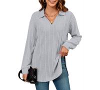 MOLERANI suéter de Las señoras de Manga Larga de Gran tamaño suéter de Cuello en V de Manga Larga Camisa de Punto con Abertura Lateral suéter Ligero Unicolor Tops Blanco Gris L