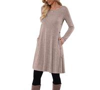 MOLERANI Vestido de Jersey para Mujer Vestido de Manga Larga Botón de Mujer Vestido Túnica Casual con Bolsillos Café L