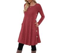 MOLERANI Vestido de Jersey para Mujer Vestido de Manga Larga Botón de Mujer Vestido Túnica Casual con Bolsillos Rojo L