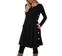 MOLERANI Vestido de Jersey para Mujer Vestido de Manga Larga Botón de Mujer Vestido Túnica Casual con Bolsillos Negro M