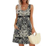 MOLERANI Vestido de Verano para Mujer Cuello Redondo Vestido sin Mangas Vestido Casual Suelto con Bolsillos Flor de anacardo Negro L