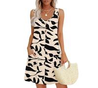 MOLERANI Vestido de Verano para Mujer Cuello Redondo Vestido sin Mangas Vestido Casual Suelto con Bolsillos Albaricoque Fondo Hoja Negra M