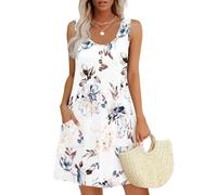 MOLERANI Vestido de Verano para Mujer Cuello Redondo Vestido sin Mangas Vestido Casual Suelto con Bolsillos Nueva Flor Blanca 2XL