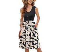 MOLERANI Vestido de Verano para Mujer, sin Mangas, Informal, Suelto, con Botones, con Bolsillos Albaricoque Fondo Hoja Negra L