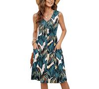 MOLERANI Vestidos Casuales de Mujer Plisado Cuello en V sin Mangas botón Abajo Vestido de Verano de Color sólido (Estampado de Hojas, S)