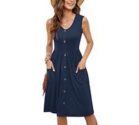MOLERANI Vestidos de Verano para Mujer Sin Mangas Casual Suelto Swing Button Down Midi Dress con Bolsillos (Azul Marino, XL)