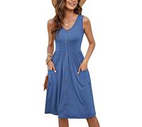 MOLERANI Vestidos de Verano para Mujer Sin Mangas Casual Suelto Swing Button Down Midi Dress con Bolsillos (Beja Blue, 2XL)