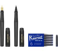 Moleskine x Kaweco Pluma Estilográfica de Plástico ABS con Plumilla Dorada de Tamaño M y Bolígrafo Recargable para Escribir y Tomar Notas, Recarga de 1.0mm y 6 Cartuchos de Tinta Azul incluidos, Negro