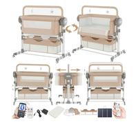 MoLi Eléctrico Bluetooth Inteligente Cuna Colecho Bebe, Cuna Next to me Convertible, 5 Engranajes de Balanceo y Control Remoto, Plegable Colecho Bebe con Colchon, Música (608 Khaki)