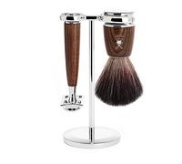 MOLINA - 3-pzs. Set de afeitado Sintético Pelo "Black Fibre" / Maquinilla de afeitar - Serie RYTMO - Mango Madera De Fresno Oscuro