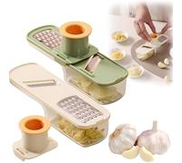 Molinillo de ajo multifuncional y cortador de mandolina, cortador de ajos, súper delgado, mini 3 en 1, utensilios de cocina con recipiente transparente y protector de mano para cocina, fácil de usar y