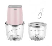 Molinillo eléctrico de carne con dos cuencos de acero inoxidable y molinillo de vidrio para picar carne, verduras, frutos secos, salsas, ensaladas, alimentado por USB (rosa)