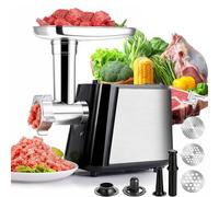 Molinillo eléctrico de carne y relleno de salchichas, construcción de acero inoxidable, incluye 3 cuchillas y 2 tubos de salchicha, control de un botón, bajo ruido, ideal para carne molida y verduras