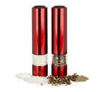 Relaxdays Molinillos Pimienta Eléctricos, Pack de 2, Molinos Pimenteros con Luz LED, Acero Inoxidable, a Pilas, Rojo