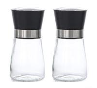 Molinillo manual de especias con parte superior de acero inoxidable y tarro de vidrio, molinillo de pimienta de grosor ajustable para hierbas saladas, granos de café, paquete de 2 (negro corto)