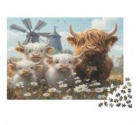 Molino de Viento del Campo Highland Cows Puzzle 1000 Piezas Papel Reciclado para Adultos Puzzle para Adultos Juego Familiar Divertido y desafiante Actividad Divertida para casa Idea de Regalo