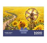Molino de Viento en el Campo de Girasoles Puzzle De Madera Impermeable DIY Puzzles De 1000 Piezas Regalos para Adultos Imposible Rompecabezas Juegos Educativos
