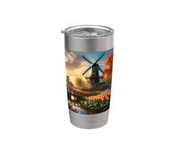 Molino de viento en el campo holandés por el río con tulipanes Vaso térmico de acero inoxidable de doble pared
