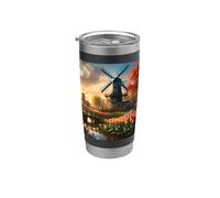 Molino de viento en el campo holandés por el río con tulipanes Vaso térmico de acero inoxidable de doble pared
