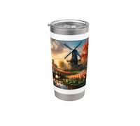 Molino de viento en el campo holandés por el río con tulipanes Vaso térmico de acero inoxidable de doble pared