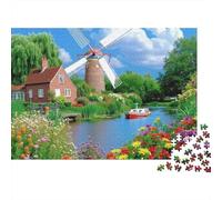 Molino de Viento Paisaje de Pueblo Puzzle de 1000 Piezas Papel para Adultos Río Jardín Juego de Puzzle 1000 Piezas Decoración Familiar 70x50cm/1000pcs