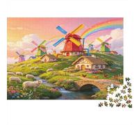 Molino de Viento Pueblo Puzzle de 1000 Piezas Papel Puzzle para Adultos Paisaje Rural Arcoíris Relajación Decoración Regalo Familiar 70x50cm/1000pcs