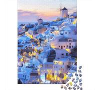 Molino de Viento Santorini Puzzle de 1000 Piezas Cartón para Adultos Vista Nocturna del Pueblo Puzzle para Toda la Familia Relajación Decoración 38x26cm/1000pcs