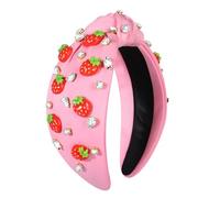 MOLOCH Diadema de fresa para mujer, diadema de frutas de verano, rosa tropical, diadema anudada de fresa, diadema con nudo superior de cristal con joyas, diadema de verano para la playa, accesorios