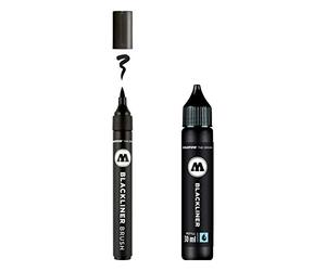 Molotow Blackliner Brush and Refill (1 pincel Blackliner Brush con punta de pincel y 1 recambio de 30 ml, tinta altamente pigmentada, permanente, indeleble para documentos), color negro
