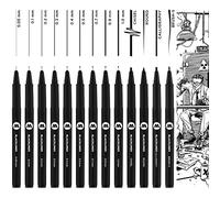 Molotow Blackliner Complete - Juego de 13 rotuladores de punta fina (grosor de trazo de 0,05 mm a 1,0 mm y puntas especiales, tinta permanente, 13 unidades), color negro