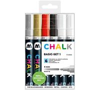 Molotow mo200472 windowmarker Chalk 4 mm Basic Juego de 1, rellenable, varios colores, estuche de 6, Metallic Plata/metallic Oro/rojo/negro/2 x Color Blanco