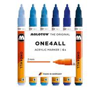 Molotow One4All 127HS - Juego de rotuladores acrílicos azules (grosor de trazo de 2,0 mm, muy opacos y permanentes, secado rápido, rellenables, para casi todas las superficies), 6 unidades surtidas